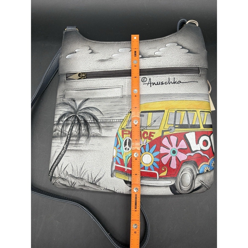 Anna Anuschka Leather Bag Hand Painted Happy Camper Peace Van Purse NWT - Picture 4 of 14